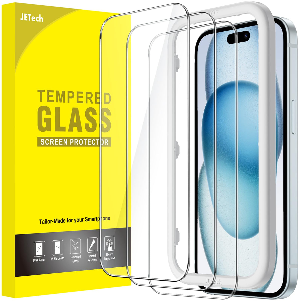 JETech Skärmskydd iPhone 15–17-serien – Härdat glas 9H, HD-klar, anti-fingeravtryck, 3-pack
