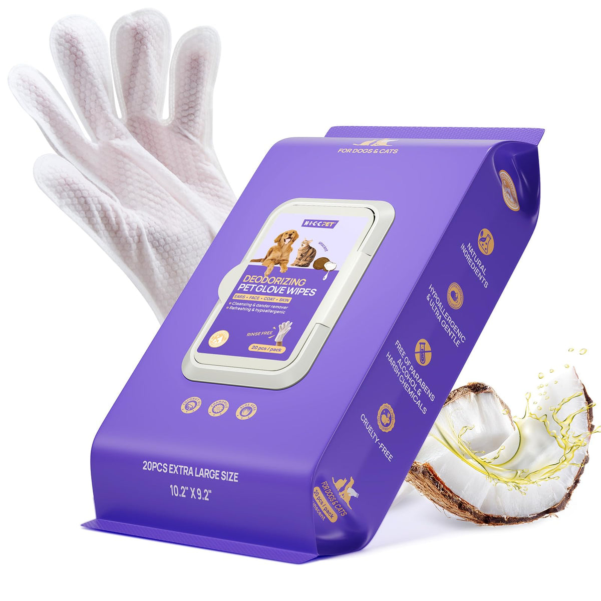 HICC PET Grooming-handske Servetter – Rengör, deodoriserar & fuktar päls, hund & katt, 4 dofter