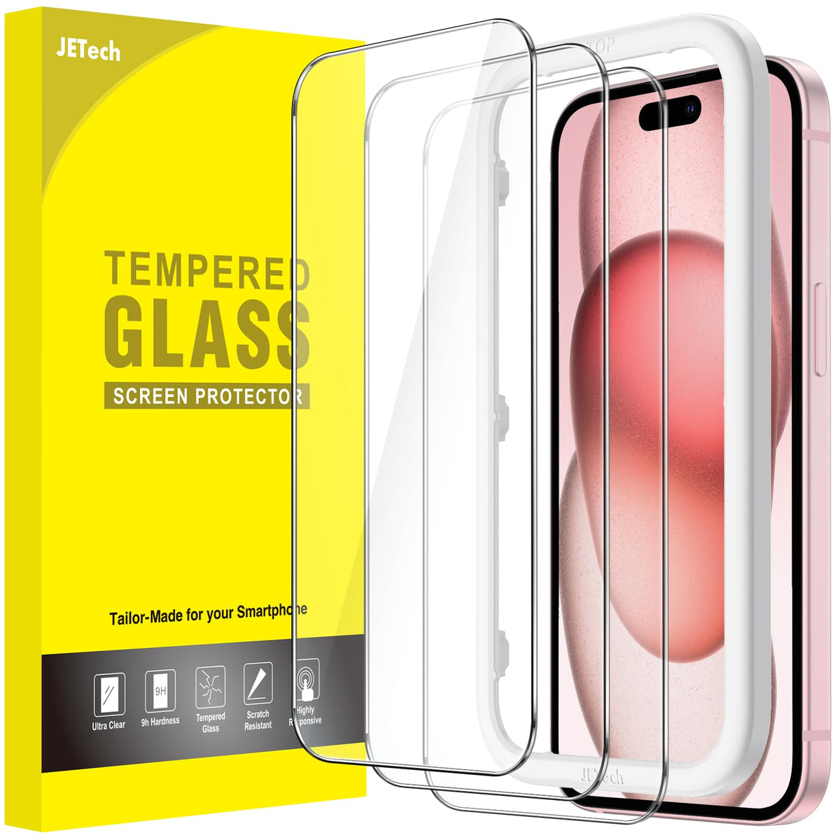 JETech Skärmskydd iPhone 15–17-serien – Härdat glas 9H, HD-klar, anti-fingeravtryck, 3-pack