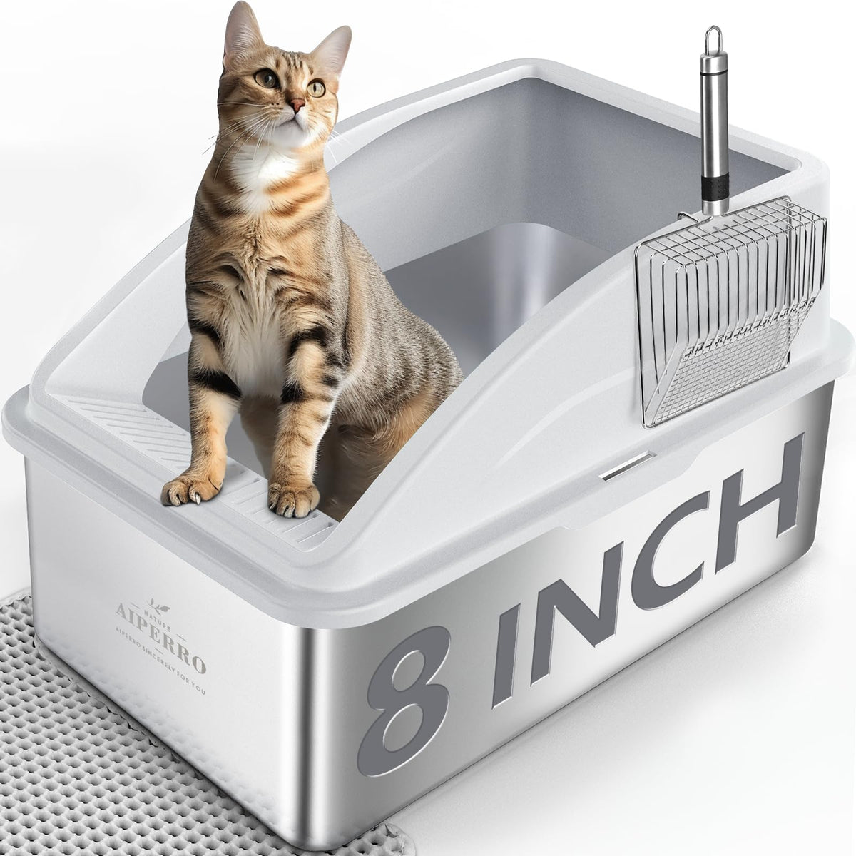 AIPERRO Kattlåda i rostfritt stål – XL innesluten kattlåda med lock för stora katter, höga sidor, urinläckageskydd, non-stick botten, inkl. kattströmatta & metallskopa