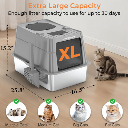 URPOWER kattlåda i rostfritt stål med fläpplock – extra stor innesluten kattlåda, non-stick metallbricka med höga sidor & skopa, luktfri, ingång fram & uppifrån, läckagesäker, lätt att rengöra