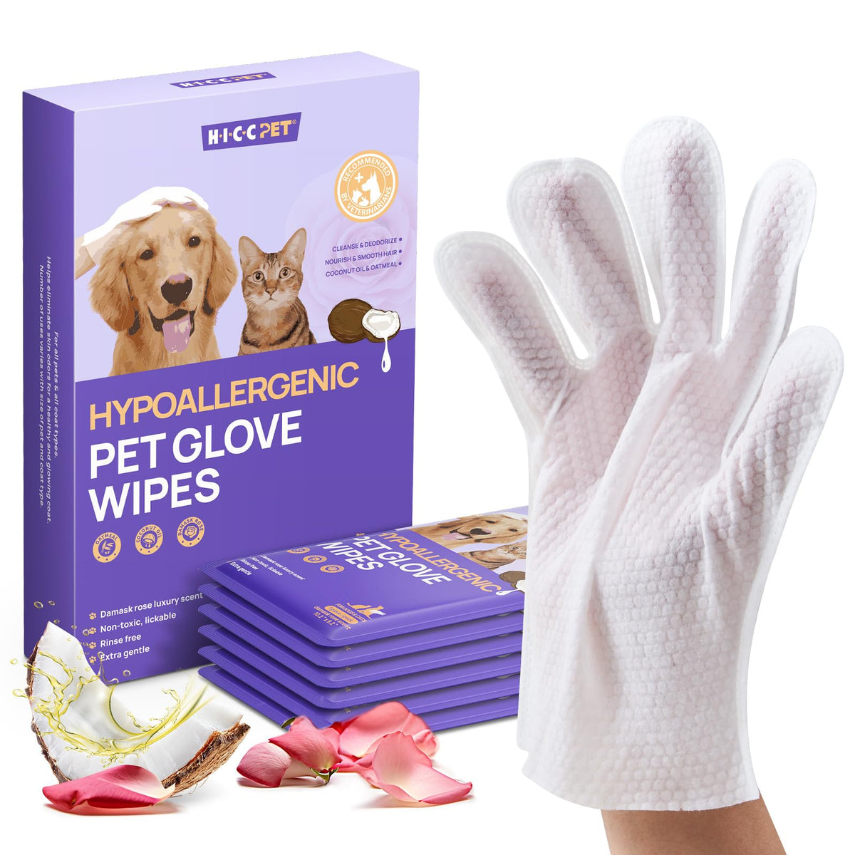 HICC PET Grooming-handske Servetter – Rengör, deodoriserar & fuktar päls, hund & katt, 4 dofter