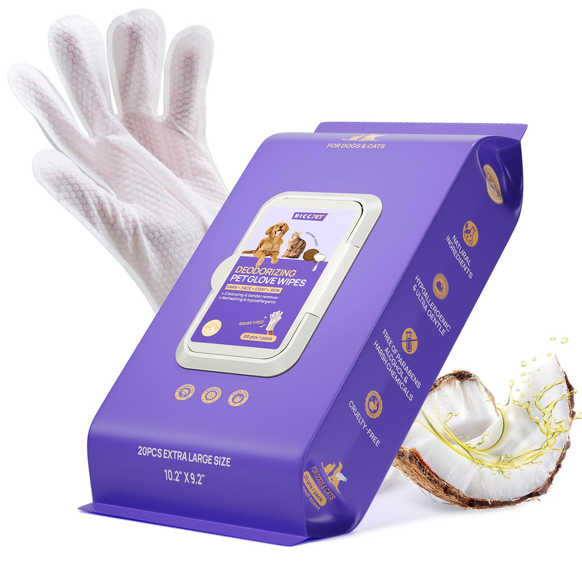 HICC PET Grooming-handske Servetter – Rengör, deodoriserar & fuktar päls, hund & katt, 4 dofter