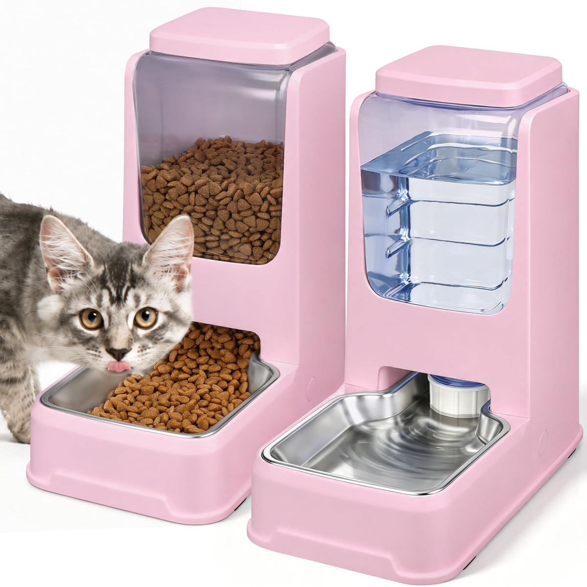 2-pack Automatisk Kattmatare & Vattendispenser med rostfri skål – Gravitationsmatare & vattenautomat med stor kapacitet för små, medelstora & stora hundar, valpar & kattungar