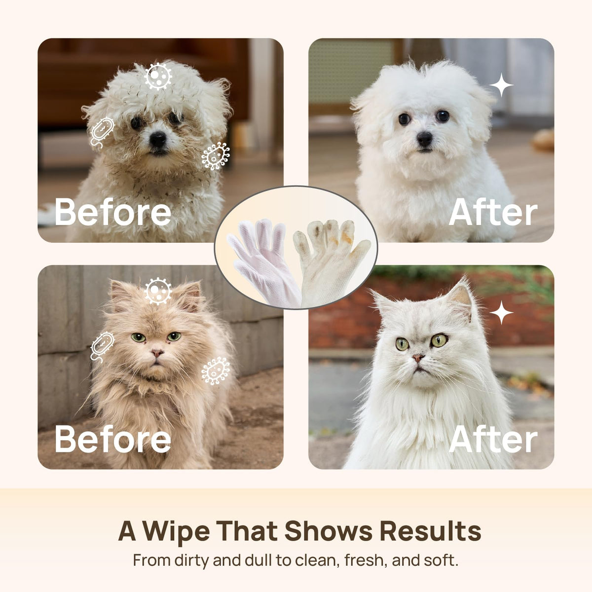 HICC PET Grooming-handske Servetter – Rengör, deodoriserar & fuktar päls, hund & katt, 4 dofter