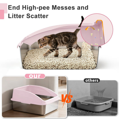 AIPERRO Kattlåda i rostfritt stål – XL innesluten kattlåda med lock för stora katter, höga sidor, urinläckageskydd, non-stick botten, inkl. kattströmatta & metallskopa