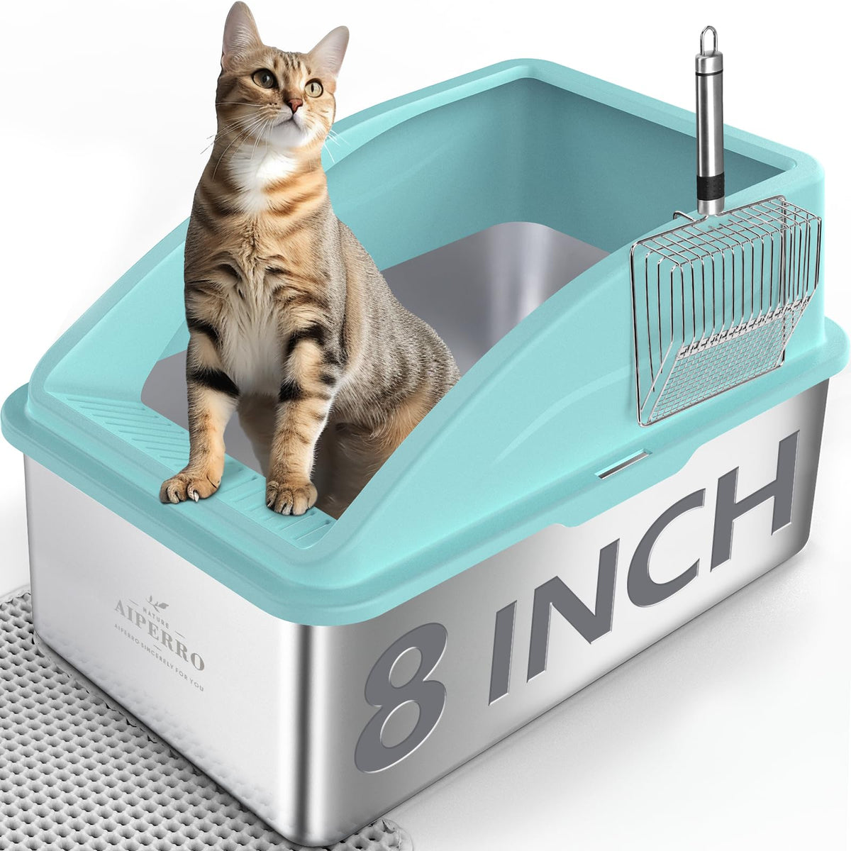 AIPERRO Kattlåda i rostfritt stål – XL innesluten kattlåda med lock för stora katter, höga sidor, urinläckageskydd, non-stick botten, inkl. kattströmatta & metallskopa