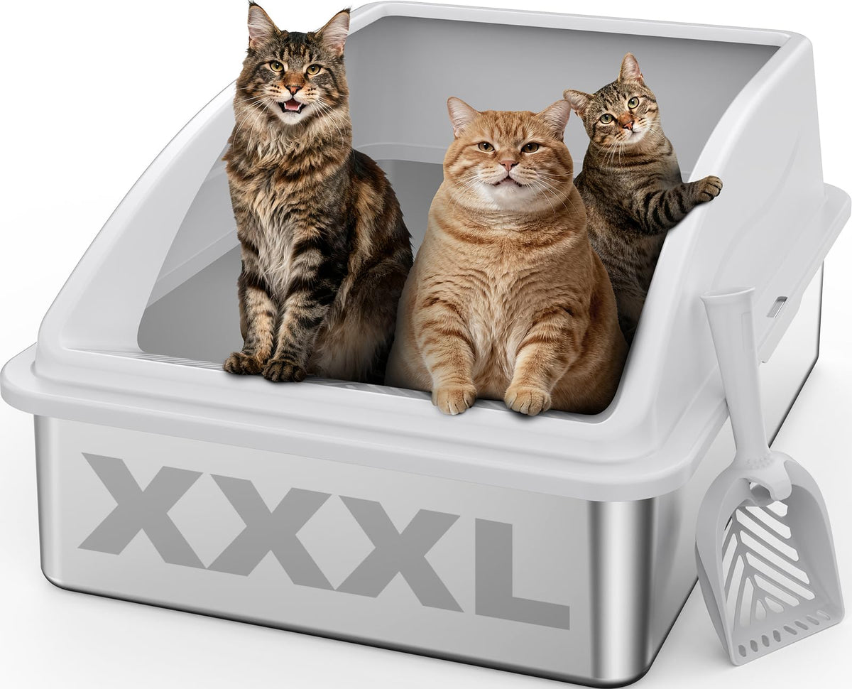 AIPERRO Kattlåda i rostfritt stål – XL innesluten kattlåda med lock för stora katter, höga sidor, urinläckageskydd, non-stick botten, inkl. kattströmatta & metallskopa