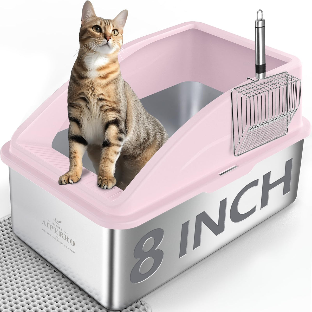 AIPERRO Kattlåda i rostfritt stål – XL innesluten kattlåda med lock för stora katter, höga sidor, urinläckageskydd, non-stick botten, inkl. kattströmatta & metallskopa