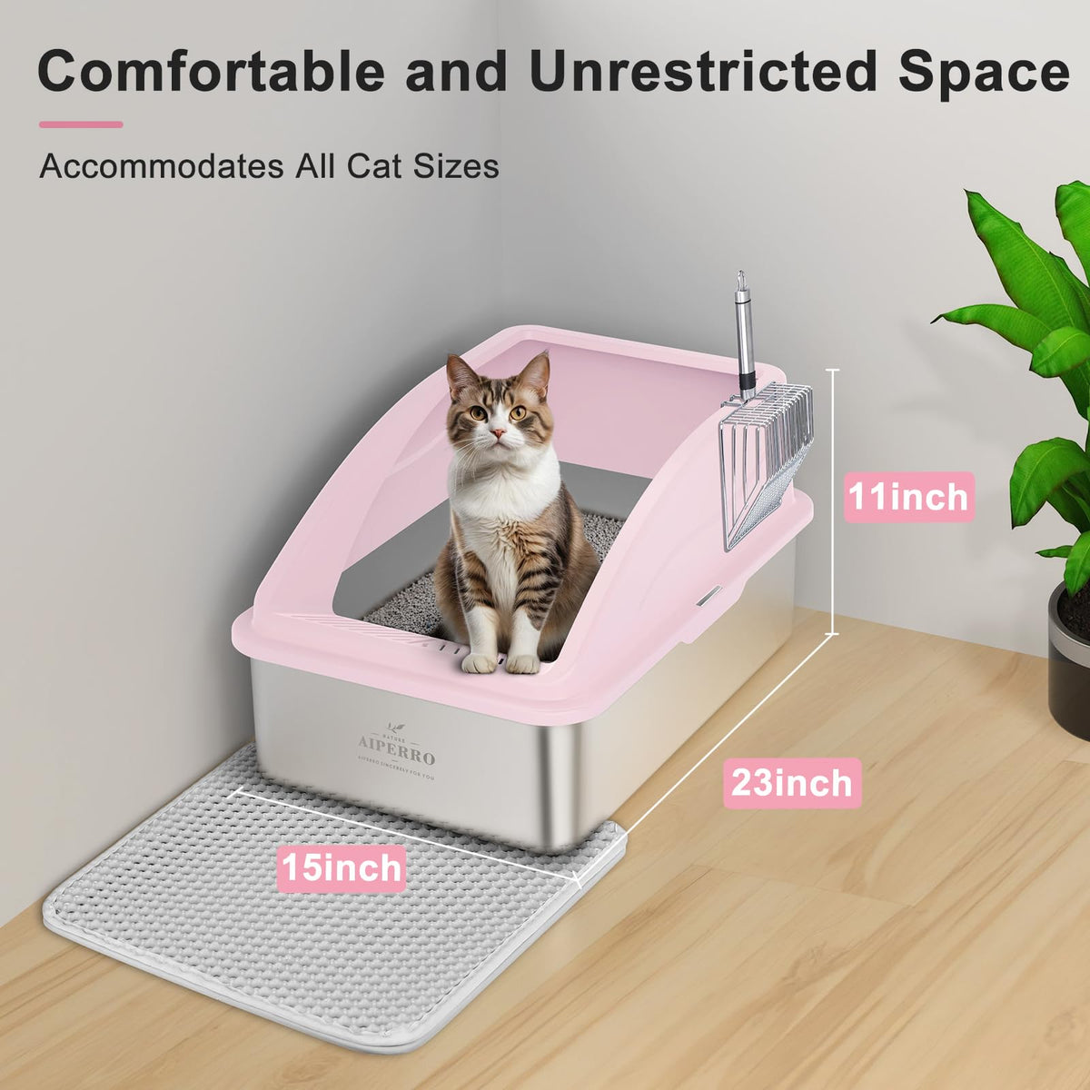 AIPERRO Kattlåda i rostfritt stål – XL innesluten kattlåda med lock för stora katter, höga sidor, urinläckageskydd, non-stick botten, inkl. kattströmatta & metallskopa