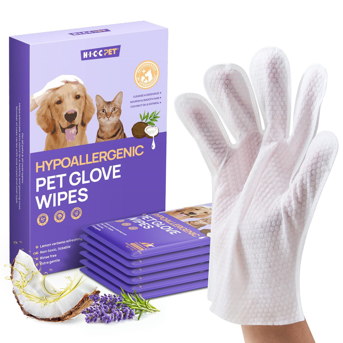HICC PET Grooming-handske Servetter – Rengör, deodoriserar & fuktar päls, hund & katt, 4 dofter