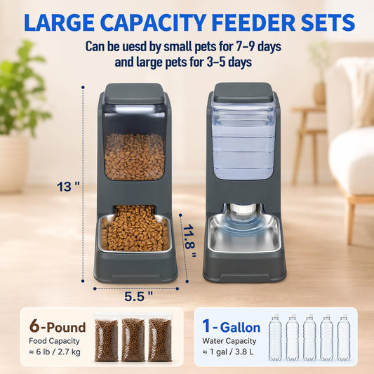 2-pack Automatisk Kattmatare & Vattendispenser med rostfri skål – Gravitationsmatare & vattenautomat med stor kapacitet för små, medelstora & stora hundar, valpar & kattungar