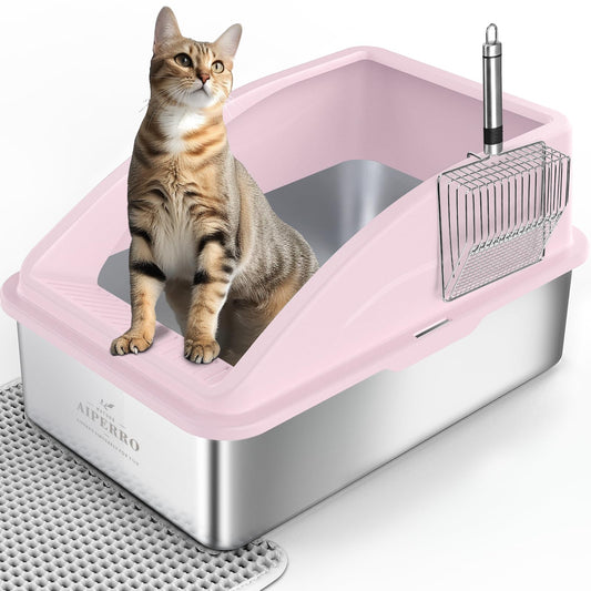 AIPERRO Kattlåda i rostfritt stål – XL innesluten kattlåda med lock för stora katter, höga sidor, urinläckageskydd, non-stick botten, inkl. kattströmatta & metallskopa