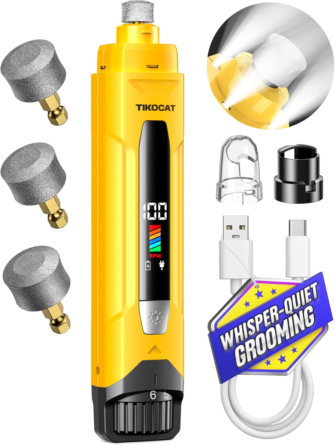 Viskande tyst hundnagelslipare – 50% kraftigare, 6 hastigheter, LED-display & 4 LED-lampor, 3 slipbitar, ingen överskurning, stressfri vård för hundar, katter & känsliga husdjur