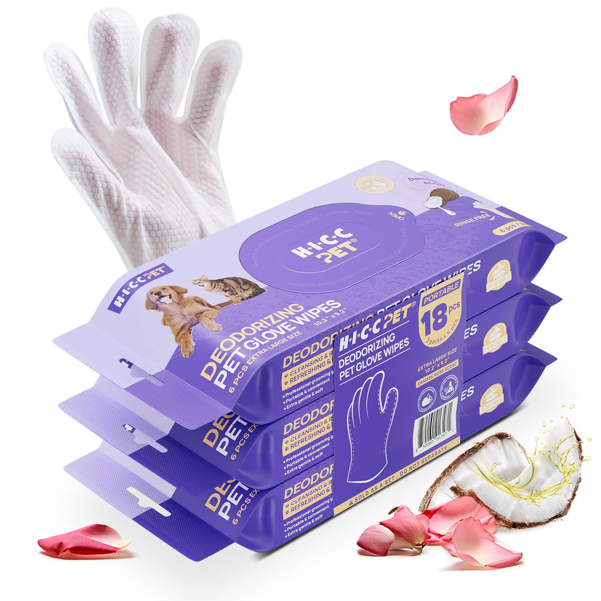 HICC PET Grooming-handske Servetter – Rengör, deodoriserar & fuktar päls, hund & katt, 4 dofter