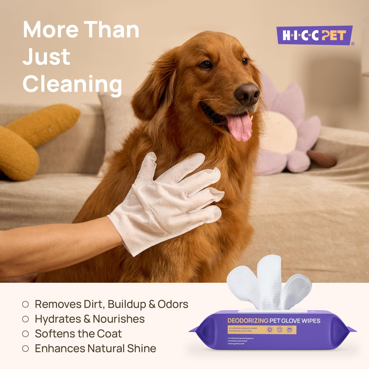 HICC PET Grooming-handske Servetter – Rengör, deodoriserar & fuktar päls, hund & katt, 4 dofter
