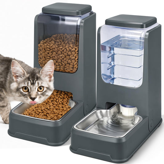 2-pack Automatisk Kattmatare & Vattendispenser med rostfri skål – Gravitationsmatare & vattenautomat med stor kapacitet för små, medelstora & stora hundar, valpar & kattungar