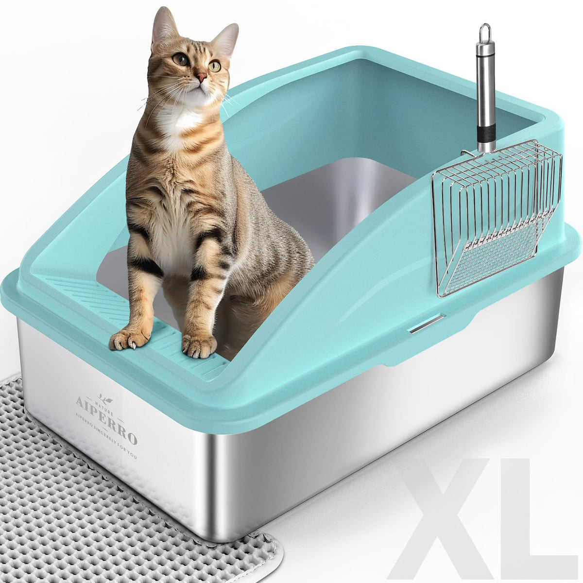 AIPERRO Kattlåda i rostfritt stål – XL innesluten kattlåda med lock för stora katter, höga sidor, urinläckageskydd, non-stick botten, inkl. kattströmatta & metallskopa