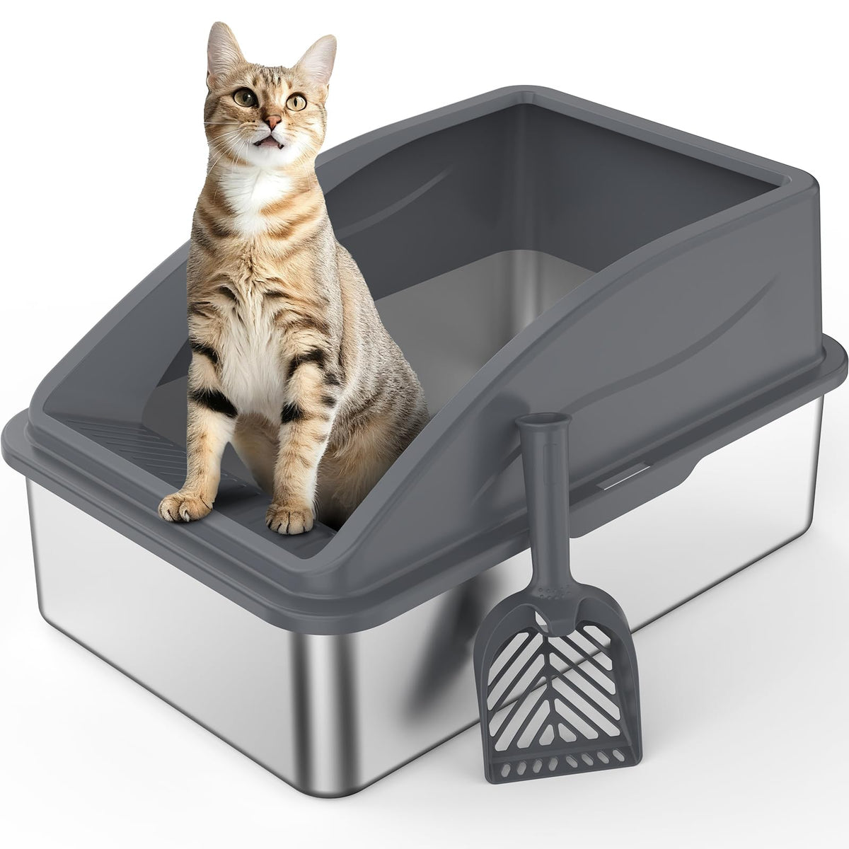 AIPERRO Kattlåda i rostfritt stål – XL innesluten kattlåda med lock för stora katter, höga sidor, urinläckageskydd, non-stick botten, inkl. kattströmatta & metallskopa