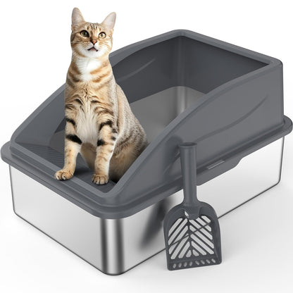AIPERRO Kattlåda i rostfritt stål – XL innesluten kattlåda med lock för stora katter, höga sidor, urinläckageskydd, non-stick botten, inkl. kattströmatta & metallskopa