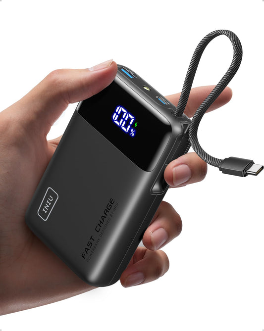 INIU Powerbank 20000mAh – 45W PD snabbladdning, inbyggd USB-C-kabel, flygsäker, svart