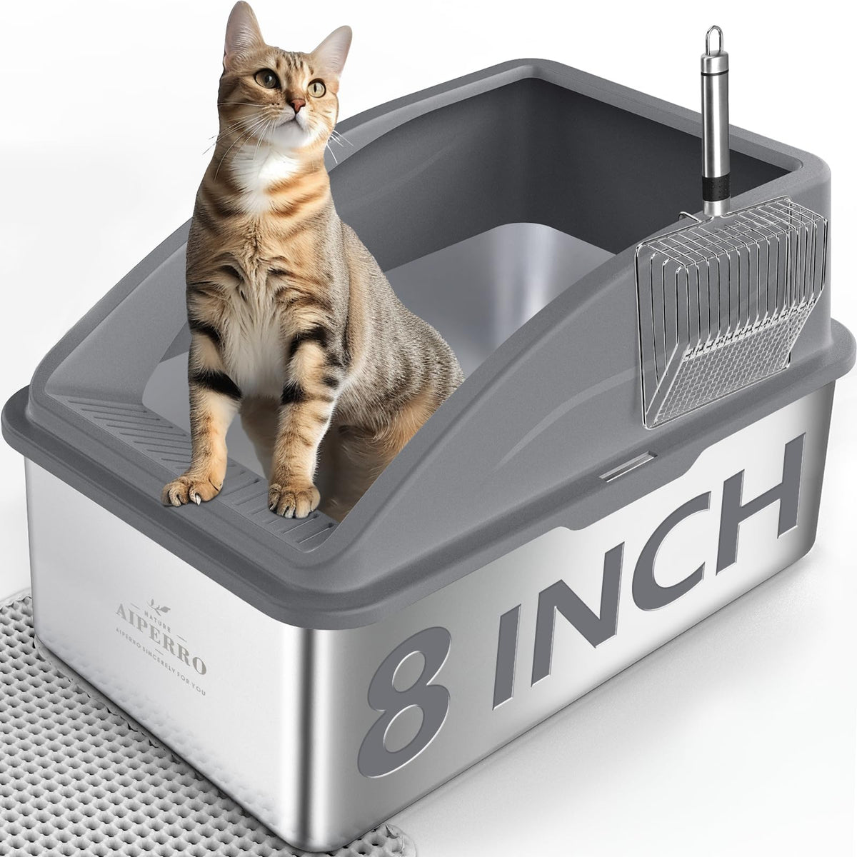 AIPERRO Kattlåda i rostfritt stål – XL innesluten kattlåda med lock för stora katter, höga sidor, urinläckageskydd, non-stick botten, inkl. kattströmatta & metallskopa