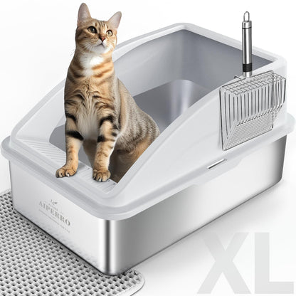 AIPERRO Kattlåda i rostfritt stål – XL innesluten kattlåda med lock för stora katter, höga sidor, urinläckageskydd, non-stick botten, inkl. kattströmatta & metallskopa