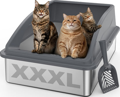 AIPERRO Kattlåda i rostfritt stål – XL innesluten kattlåda med lock för stora katter, höga sidor, urinläckageskydd, non-stick botten, inkl. kattströmatta & metallskopa
