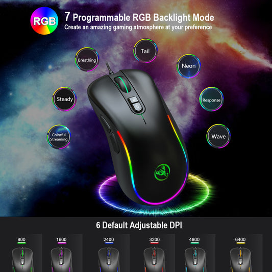 J300 Programmerbar Gaming-mus – 7 Knappar, 6400 DPI och 6 RGB-lägen