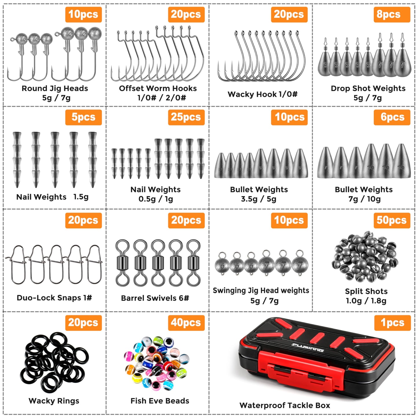 PLUSINNO Fiskeutrustning Kit – Komplett tackle-box med krokar, sänken, svivel & mer, 264 eller 397 delar