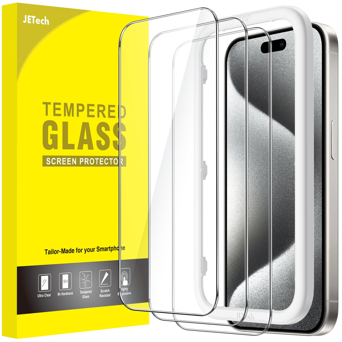 JETech Skärmskydd iPhone 15–17-serien – Härdat glas 9H, HD-klar, anti-fingeravtryck, 3-pack