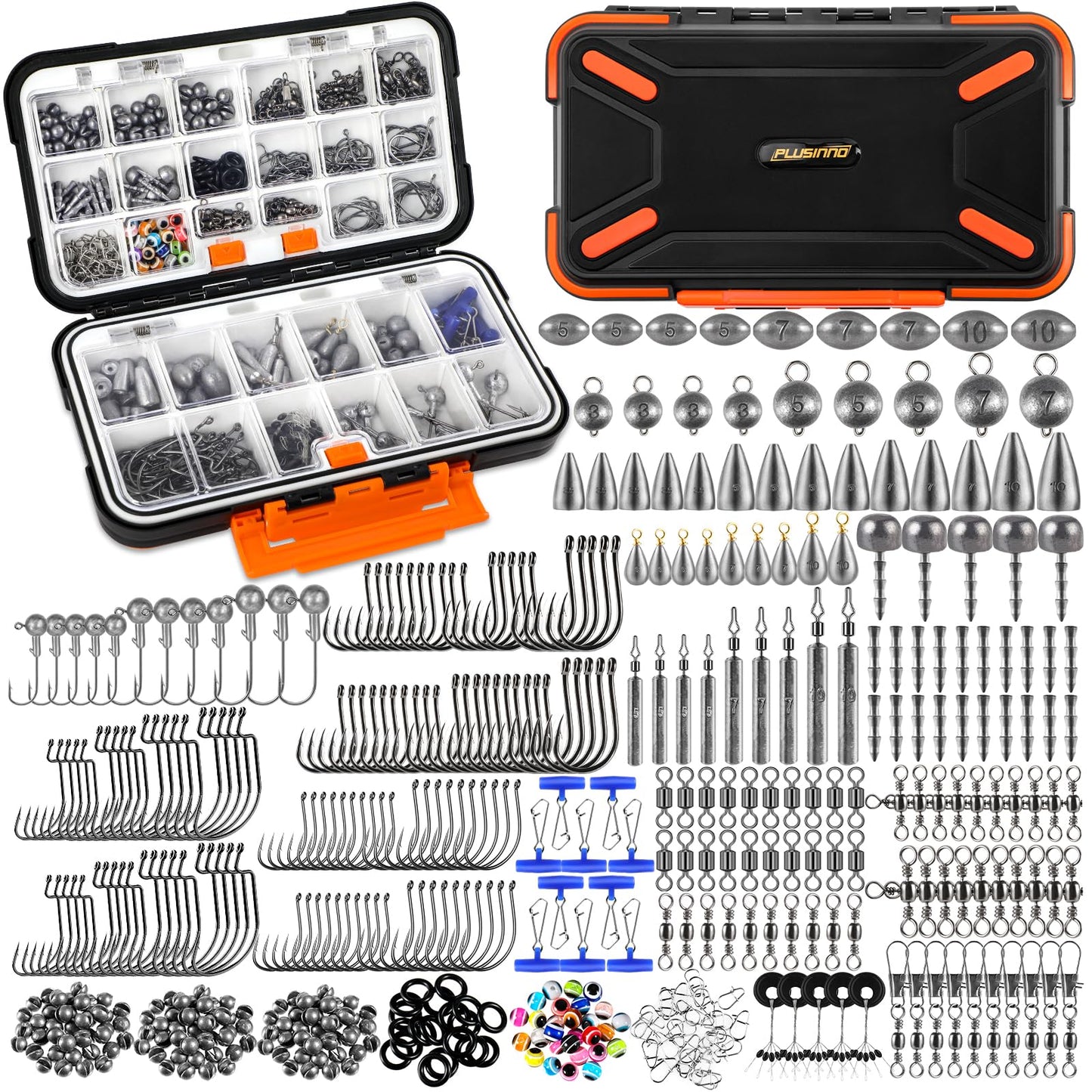 PLUSINNO Fiskeutrustning Kit – Komplett tackle-box med krokar, sänken, svivel & mer, 264 eller 397 delar