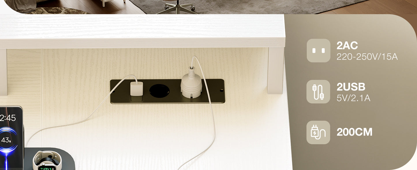 Coleshome desk with Drawers, 189.3 × 100cm Reversible Corner desk Large with 2 sockets & USB Charging Port, White