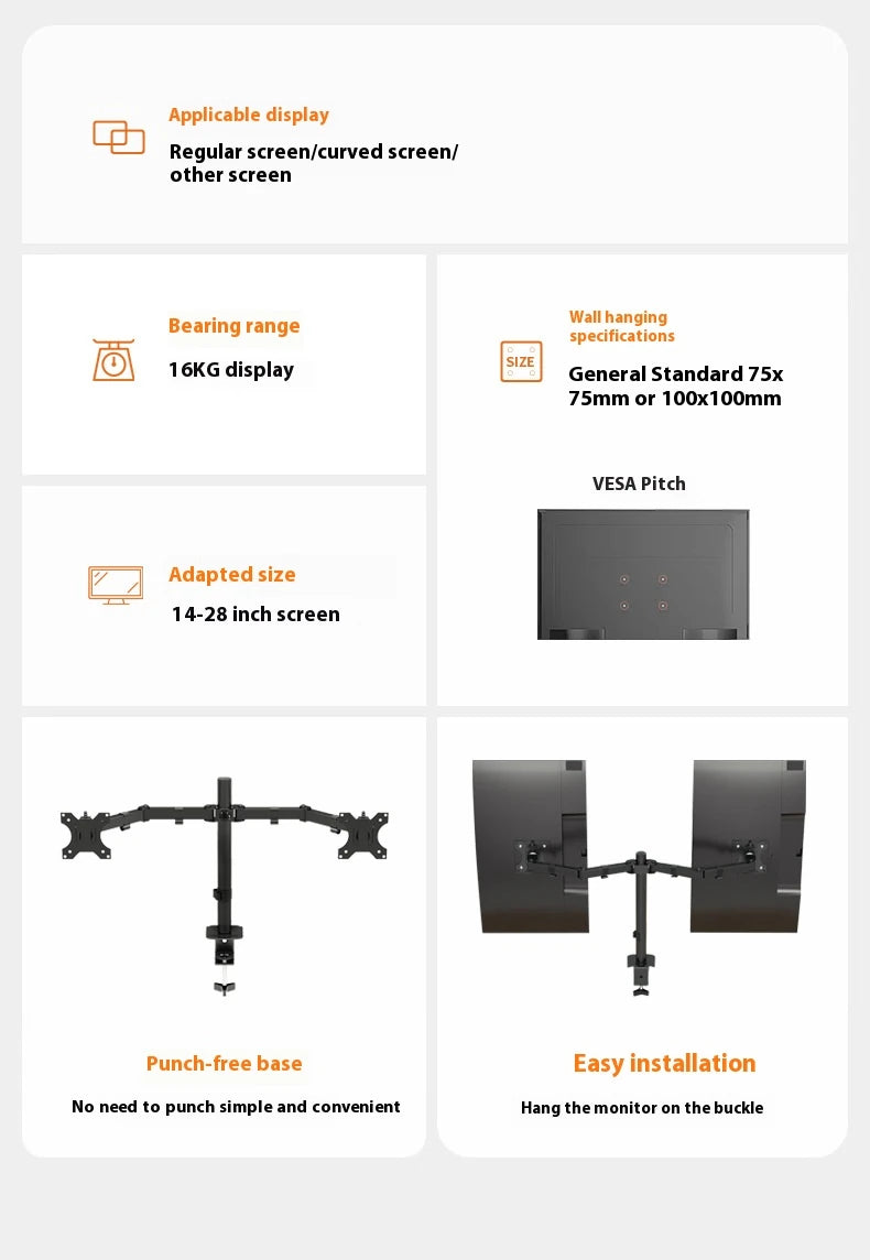 MS02N Laptop Desktop Dual Arm Computer Monitor Bracket 360° Rotary Height Adjustable Monitors Support Mount Stand for 10''-30''