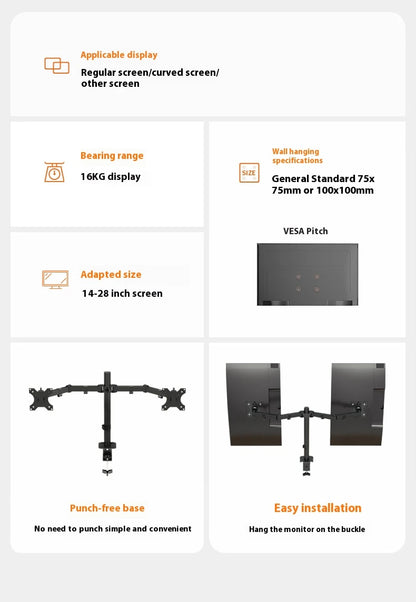 MS02N Laptop Desktop Dual Arm Computer Monitor Bracket 360° Rotary Height Adjustable Monitors Support Mount Stand for 10''-30''
