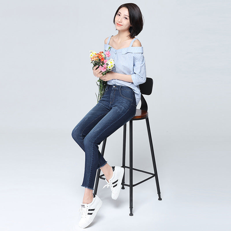 Ankle Jeans Dam Hög Midja Stretch – Tunn Pencil Tight Sommarjeans 2 Färger 2026