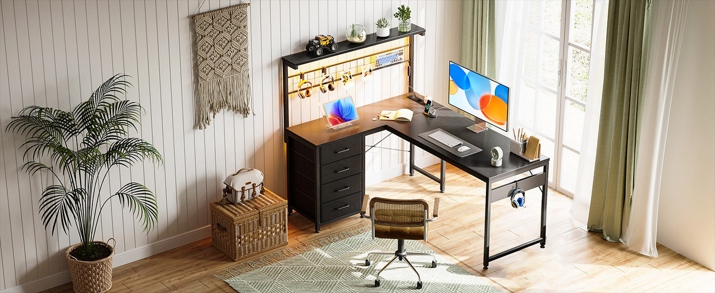 Coleshome L-Shaped Gaming Desk with 4 Drawers, 130X100Cm Gamer Desk with Led and Plugs, Corner Desk Gaming Table with Shelf for Home Office Games, Black