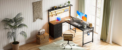 Coleshome L-Shaped Gaming Desk with 4 Drawers, 130X100Cm Gamer Desk with Led and Plugs, Corner Desk Gaming Table with Shelf for Home Office Games, Black