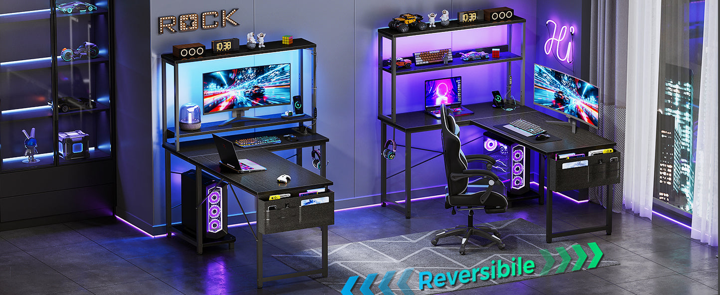 Coleshome L-Shaped Gaming Desk with Led and Sockets, 135×100cm, Black