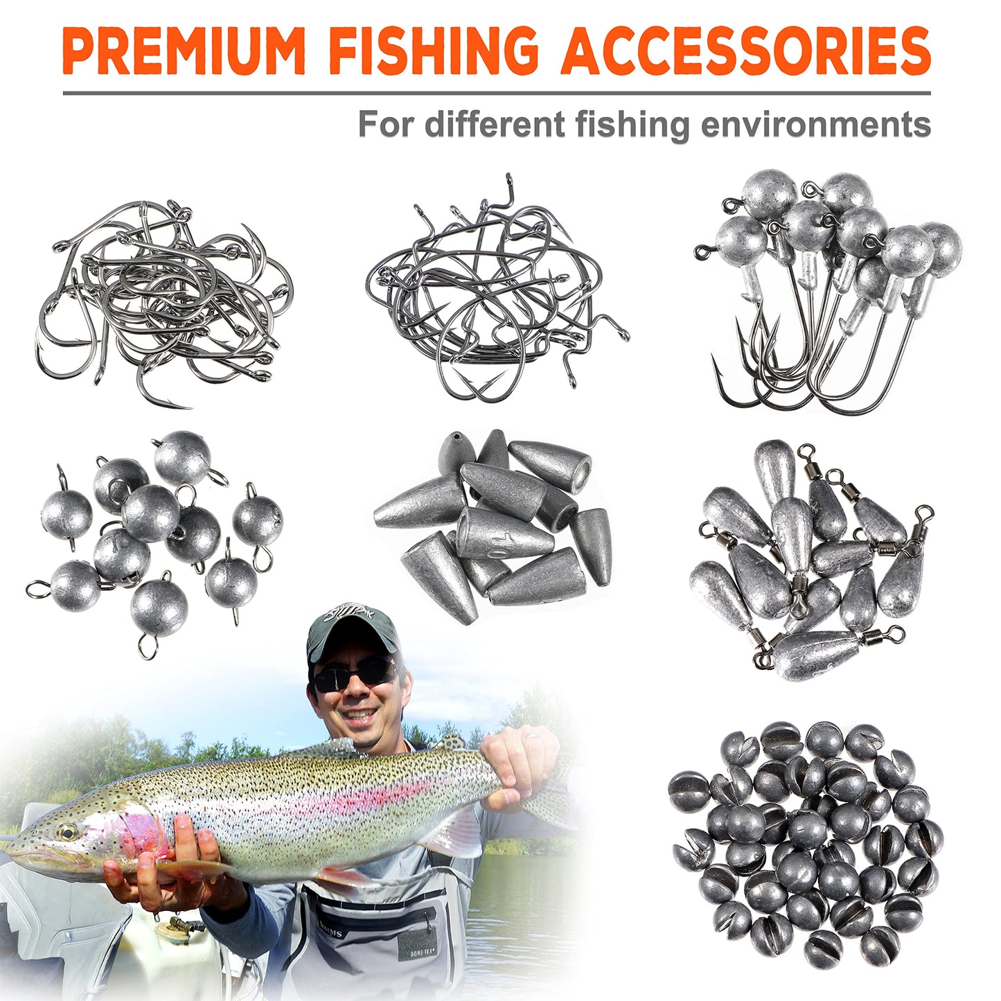 PLUSINNO Fiskeutrustning Kit – Komplett tackle-box med krokar, sänken, svivel & mer, 264 eller 397 delar