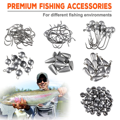 PLUSINNO Fiskeutrustning Kit – Komplett tackle-box med krokar, sänken, svivel & mer, 264 eller 397 delar