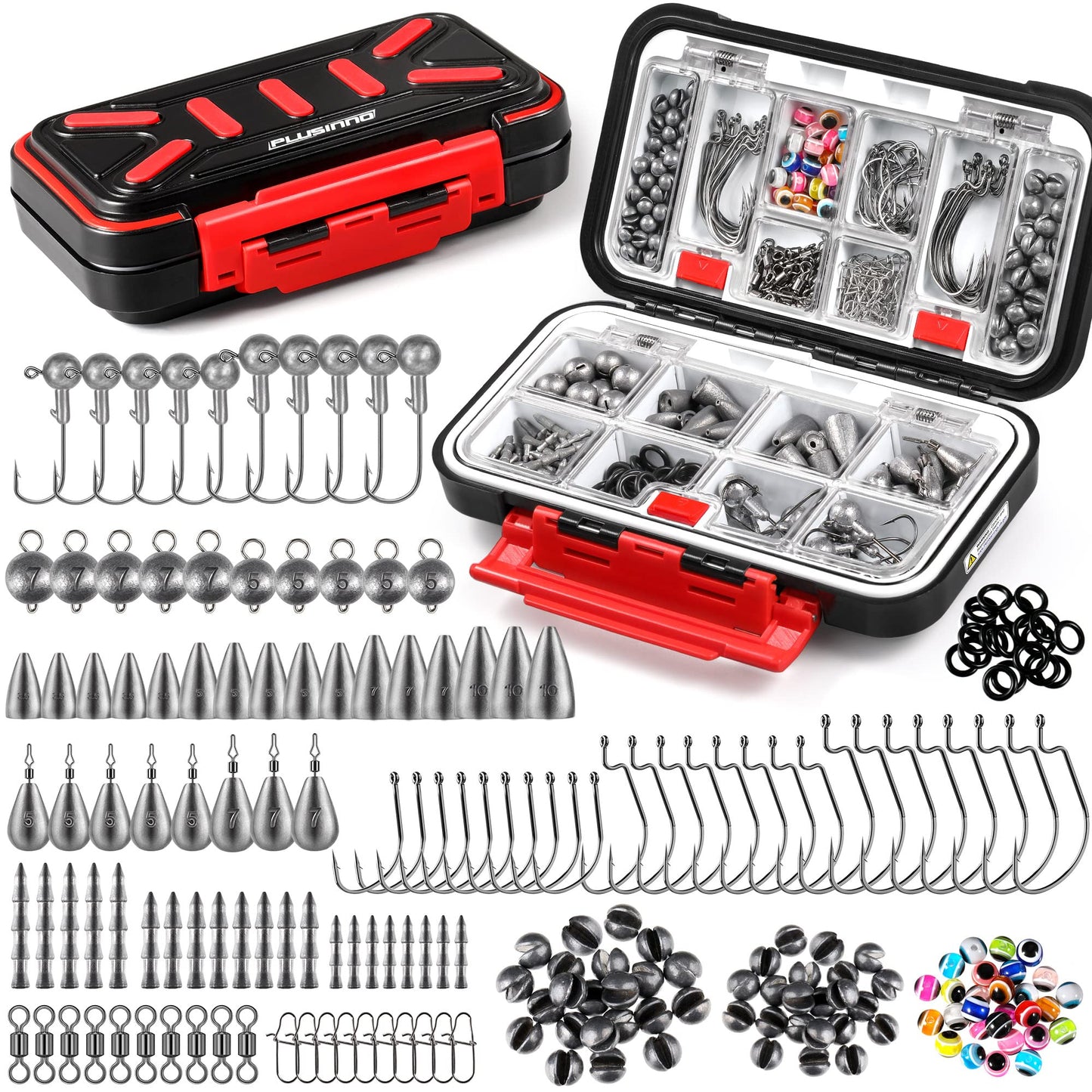 PLUSINNO Fiskeutrustning Kit – Komplett tackle-box med krokar, sänken, svivel & mer, 264 eller 397 delar