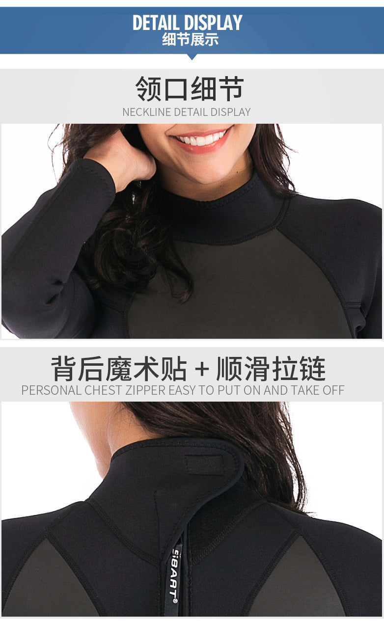Womens 3mm Neoprene Long Sleeves Wetsuit One-piece Diving Suit Back Zip for Scuba Diving Snorkeling Surfing Swim Spearfishing