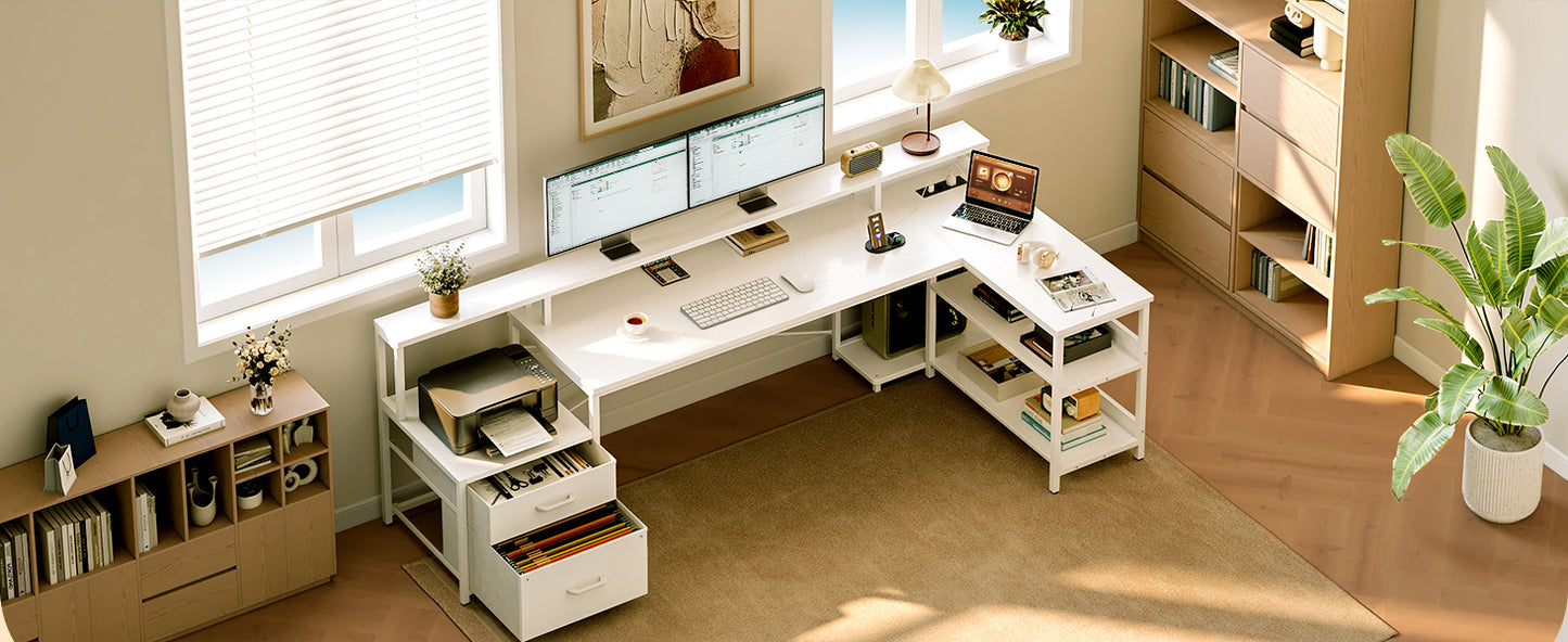 Coleshome desk with Drawers, 189.3 × 100cm Reversible Corner desk Large with 2 sockets & USB Charging Port, White