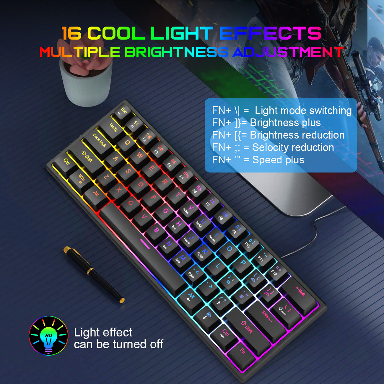K61 Kompakt Mekaniskt Tangentbord – Blå Axlar, 61 Tangenter, RGB och Avtagbar Kabel