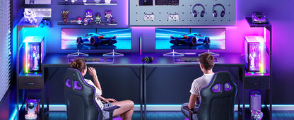 Coleshome Gaming Table with Led Lights,138×48Cm Gaming Desk with Drawers and Shelf