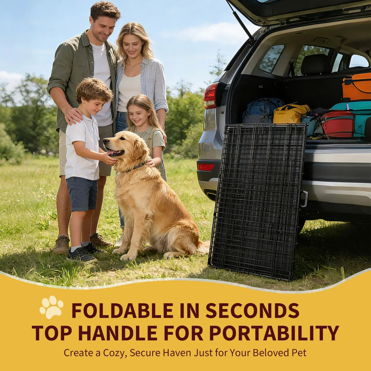 Foldable dogs Box with 2 Doors, 107x70x77.5 cm Folding Metal dogs cage with Removable Waterproof Floor Track and Partition Wall for Medium dogs