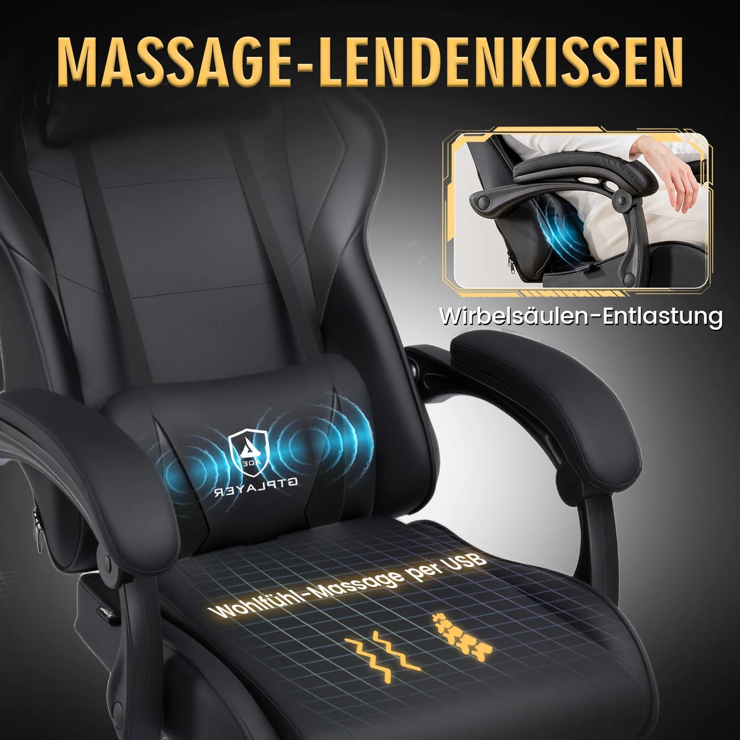 GTPLAYER Gaming chair Ergonomic Office Chair with Loin Support & Massage Function Height Adjustable Upholstered 150 kg