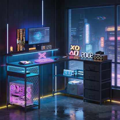 Corner Gaming Desk L Shaped Desk with Hutch and Drawers Computer Desk with Storage Shelves for Pc Tower Home Office Gamer Room
