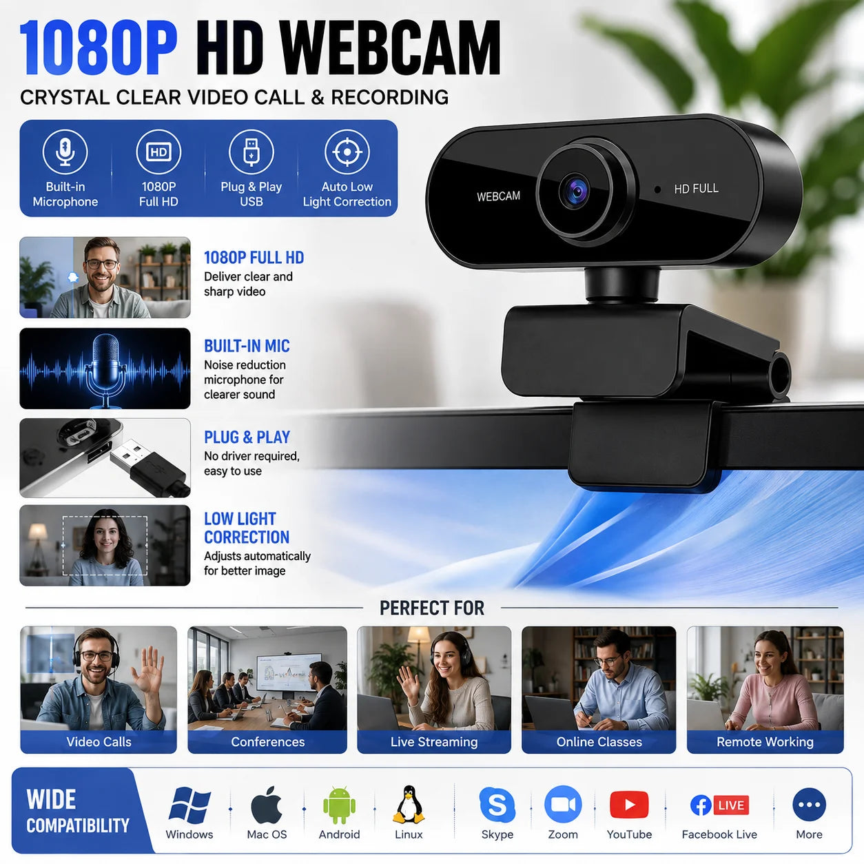 Webcam 1080P HD – micro intégré – USB – PC/mac/Android – visio/streaming
